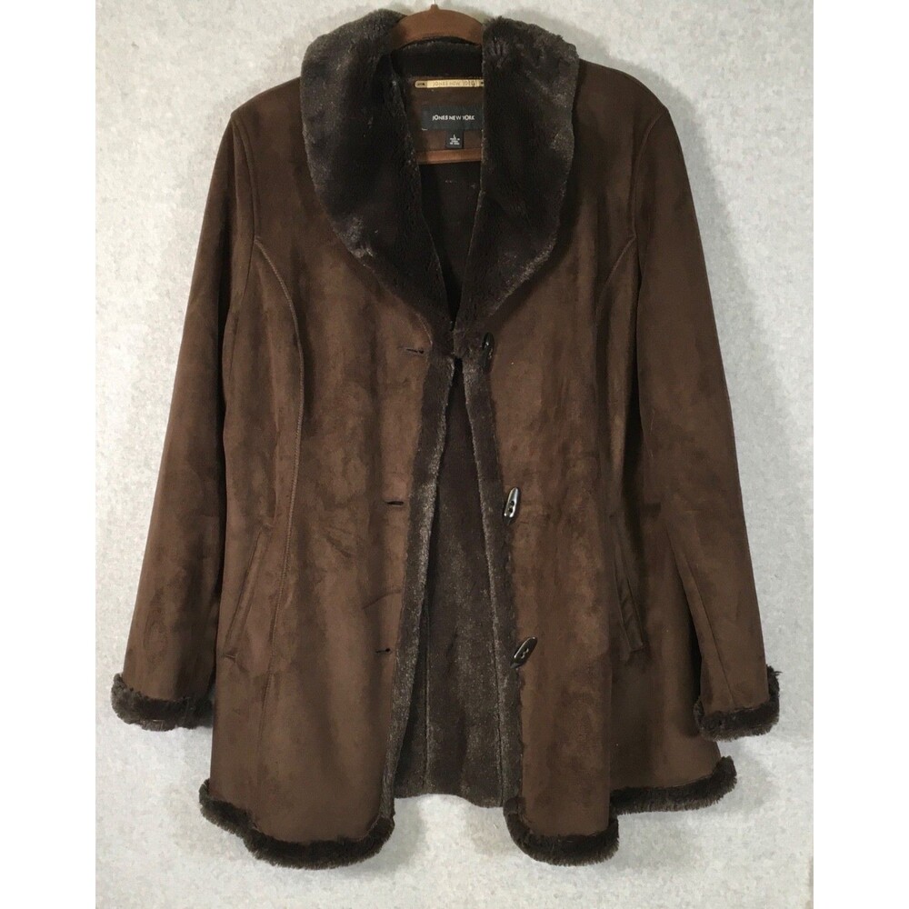 Jones NewYork Womens L Brown Faux Suede Shearling Plush Lined Button Up Jacket